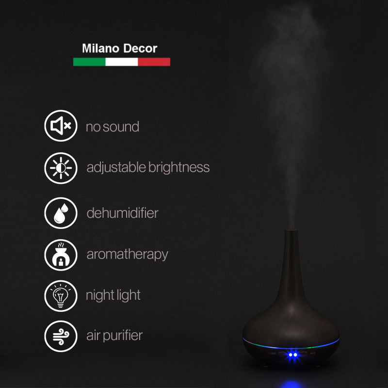 Aromatherapy Diffuser 200ml – Ultrasonic Cool Mist Humidifier, LED Mood Light, Dark Wood + 3 Essential Oils