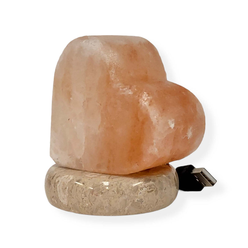 Heart Carved Pink Salt Lamp USB Powered with Warm LED and 7cm Marble Base