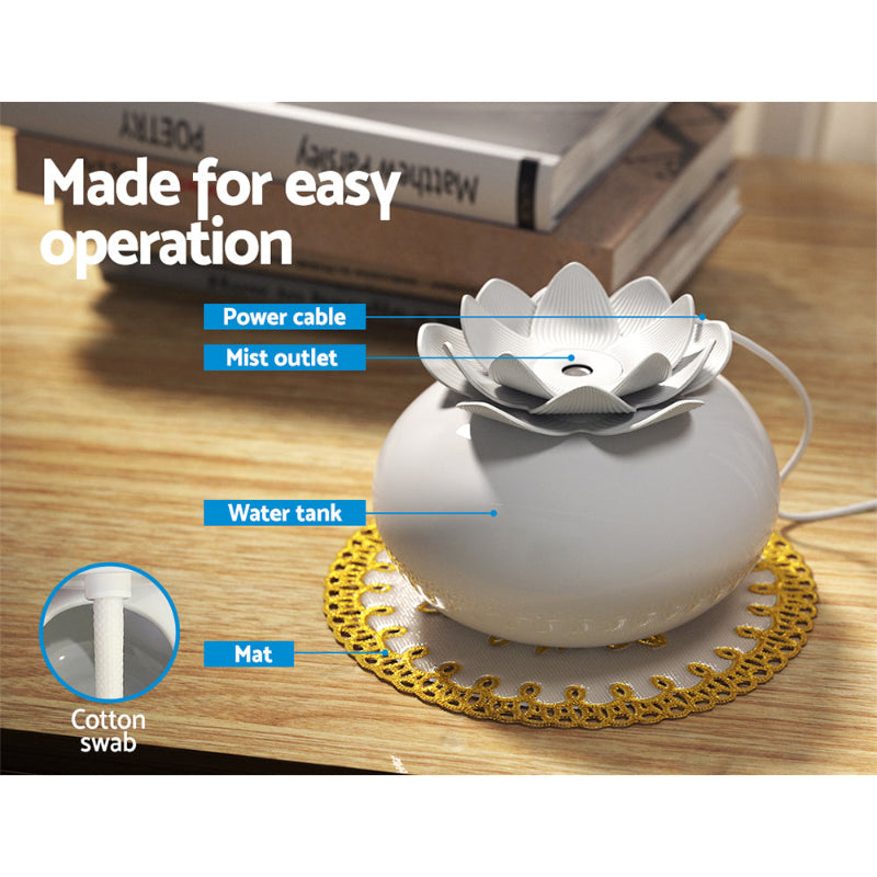 White Ceramic Lotus Ultrasonic Aroma Diffuser 200ml – Humidifier & Purifier