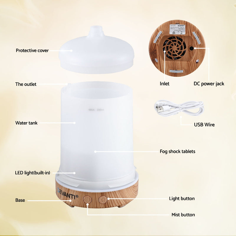 Ultrasonic Aroma Diffuser 200ml with Mist Modes and LED Lighting