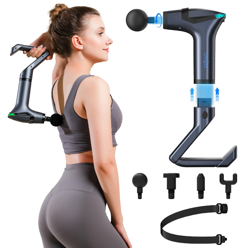 Woman using a handheld massage device on her back with additional attachments displayed.
