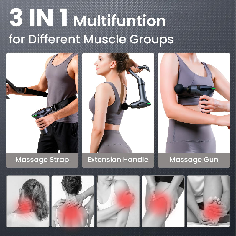 Black 3-in-1 Massage Gun Deep Tissue 12 Speed Percussion Massager with Handle & Back Strap USB-C