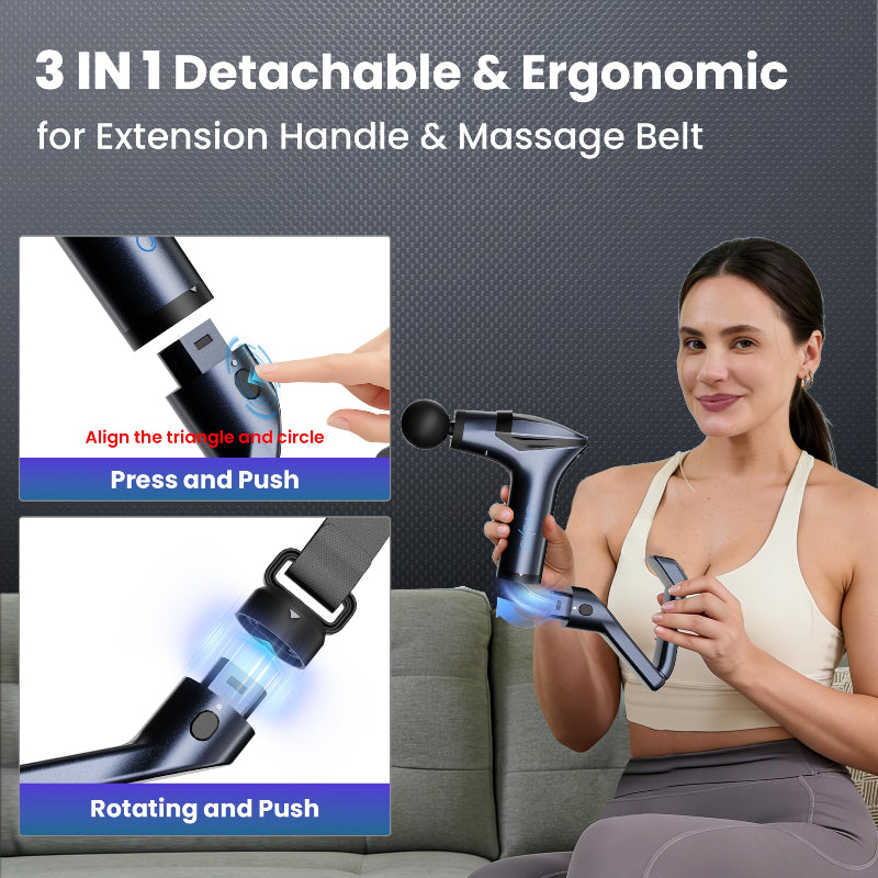 Woman using a massage device with an extension handle, featuring text on attachments and ergonomic design.