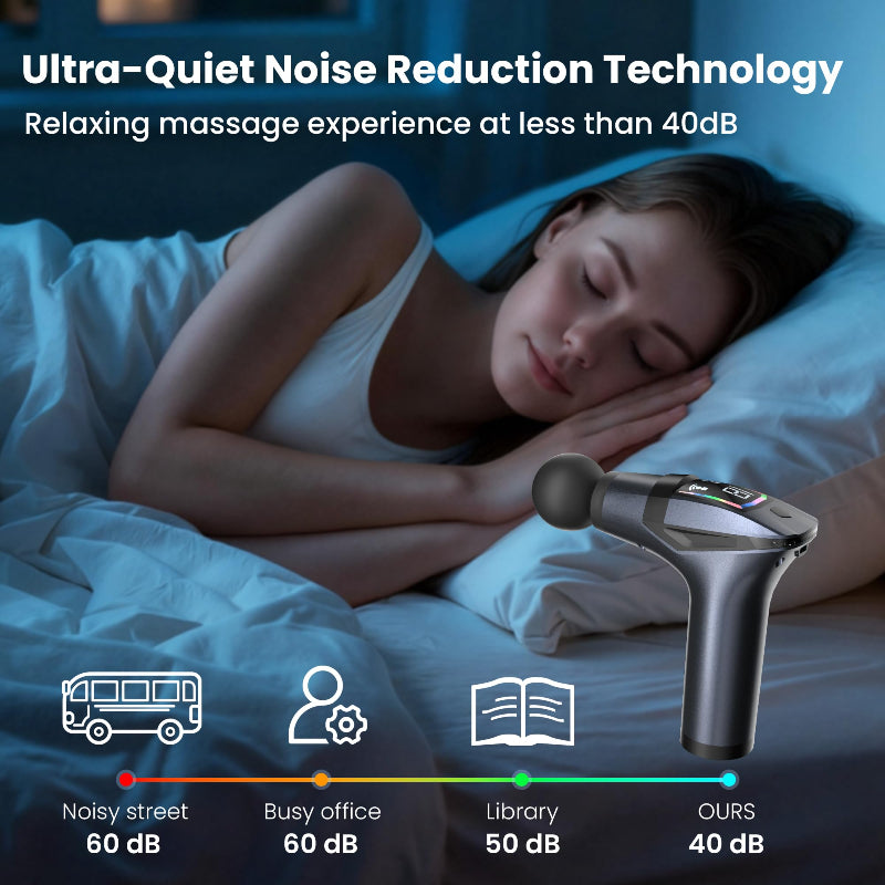 Woman sleeping with a massage gun, emphasizing ultra-quiet noise reduction technology.