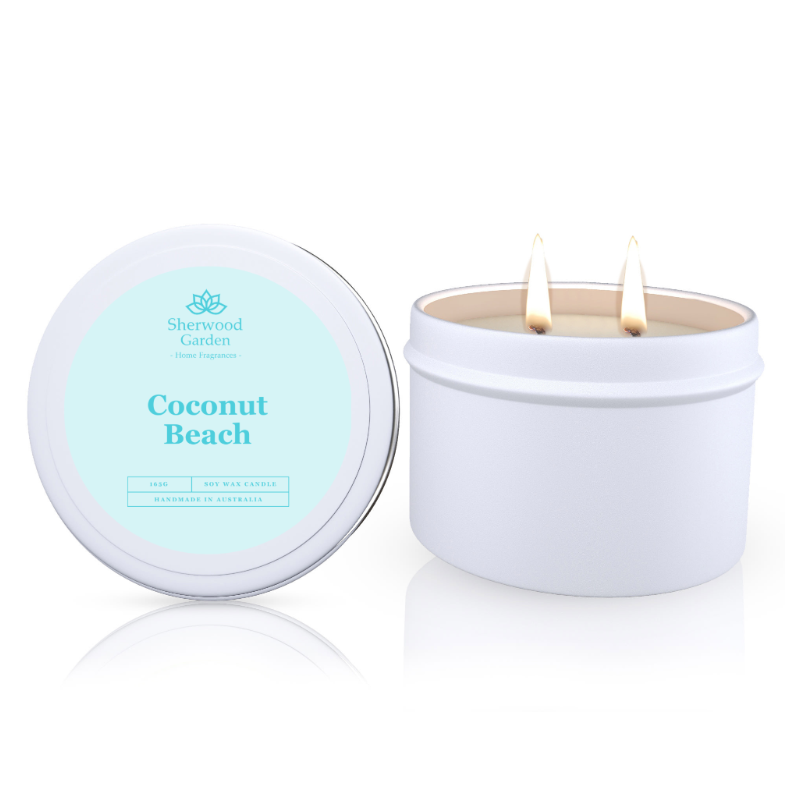 Coconut Beach Soy Candle Tin 165g Handmade Natural Wax Coconut Peach Scent