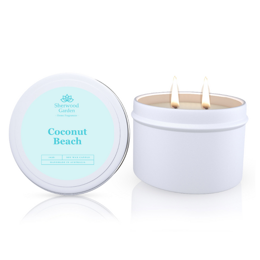 Coconut Beach Soy Candle Tin 165g Handmade Natural Wax Coconut Peach Scent