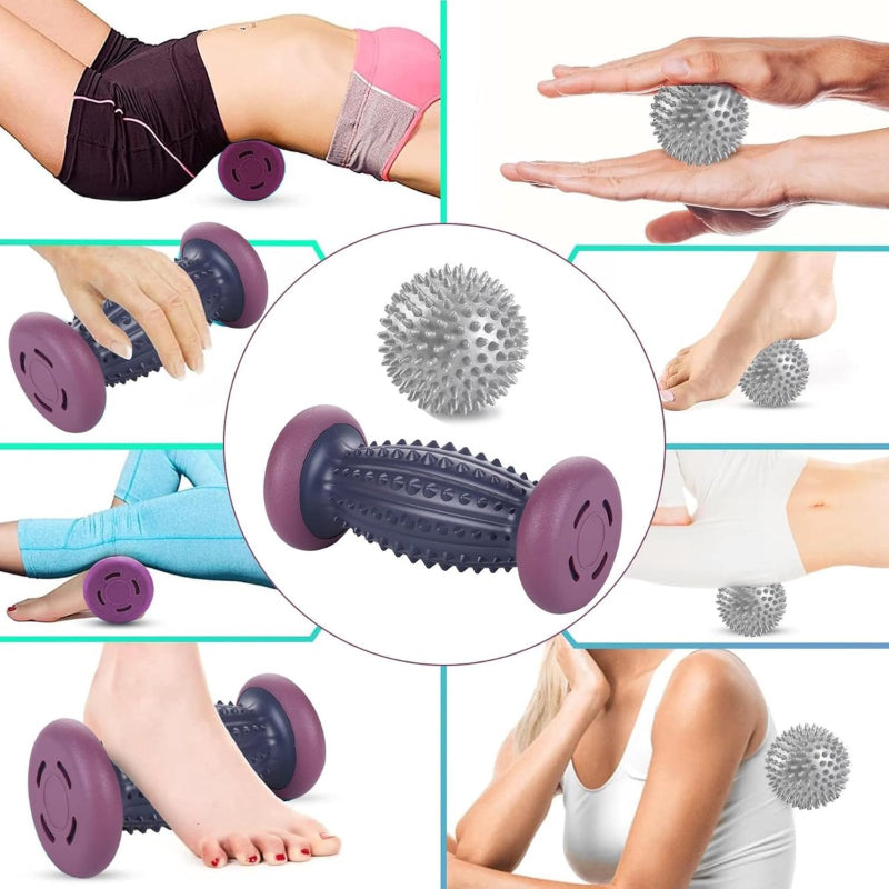 Foot Massage Roller & Spiky Ball Set Plantar Fasciitis Relief Reflexology Trigger Point Therapy