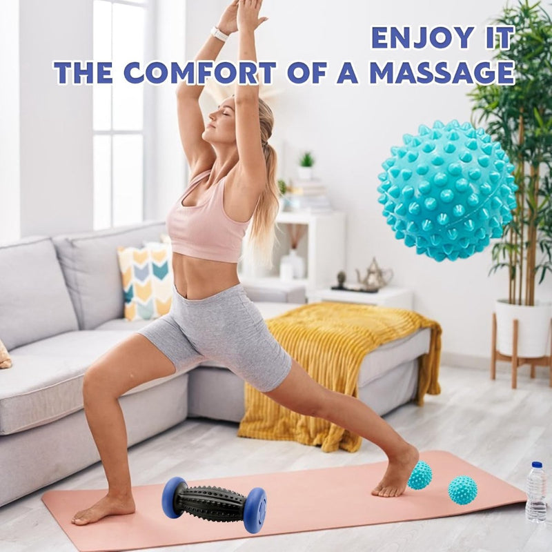 Foot Massage Roller & Spiky Ball Set Plantar Fasciitis Relief Reflexology Trigger Point Therapy