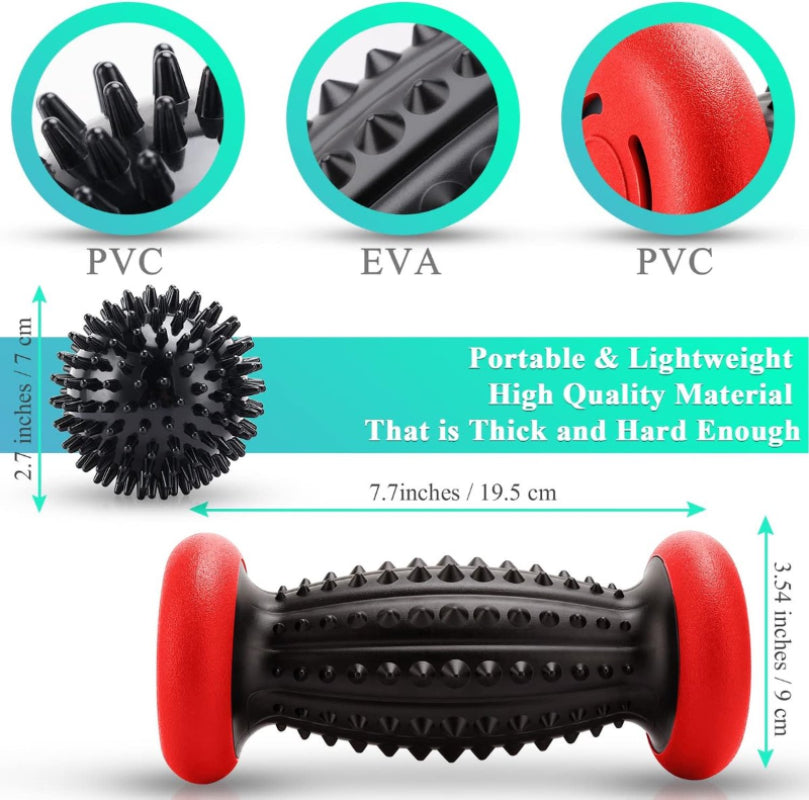 Foot Massage Roller & Spiky Ball Set Plantar Fasciitis Relief Reflexology Trigger Point Therapy