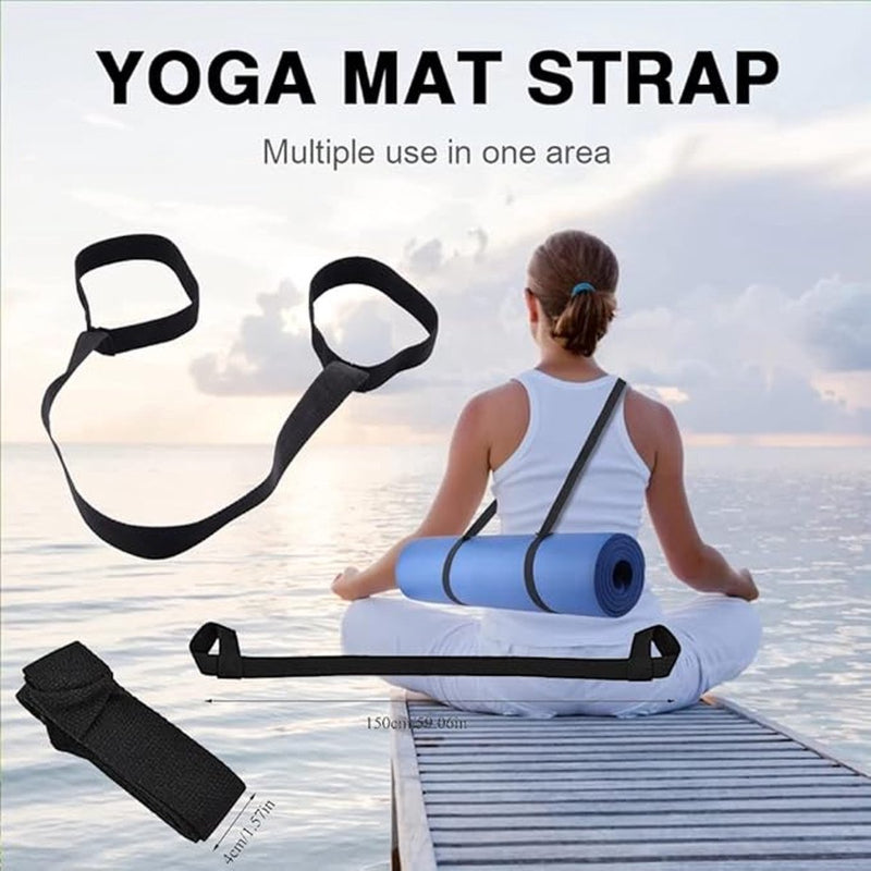 Black Yoga Mat Carry Strap for Extra Thick Mats Lightweight Breathable Cotton with D‑Ring
