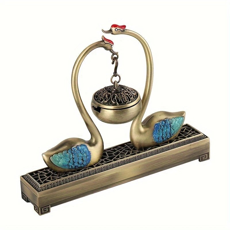 Swan Lake Double‑Layer Incense Burner Deep Blue Gold Swan Dual‑Purpose Hanging and Stick Holder
