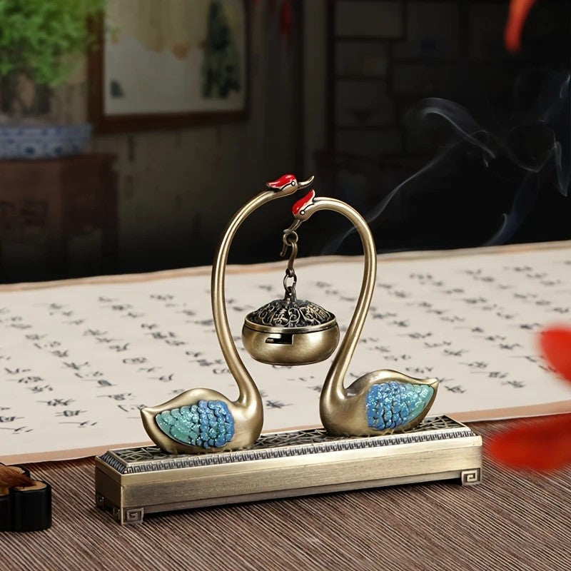 Swan Lake Double‑Layer Incense Burner Deep Blue Gold Swan Dual‑Purpose Hanging and Stick Holder