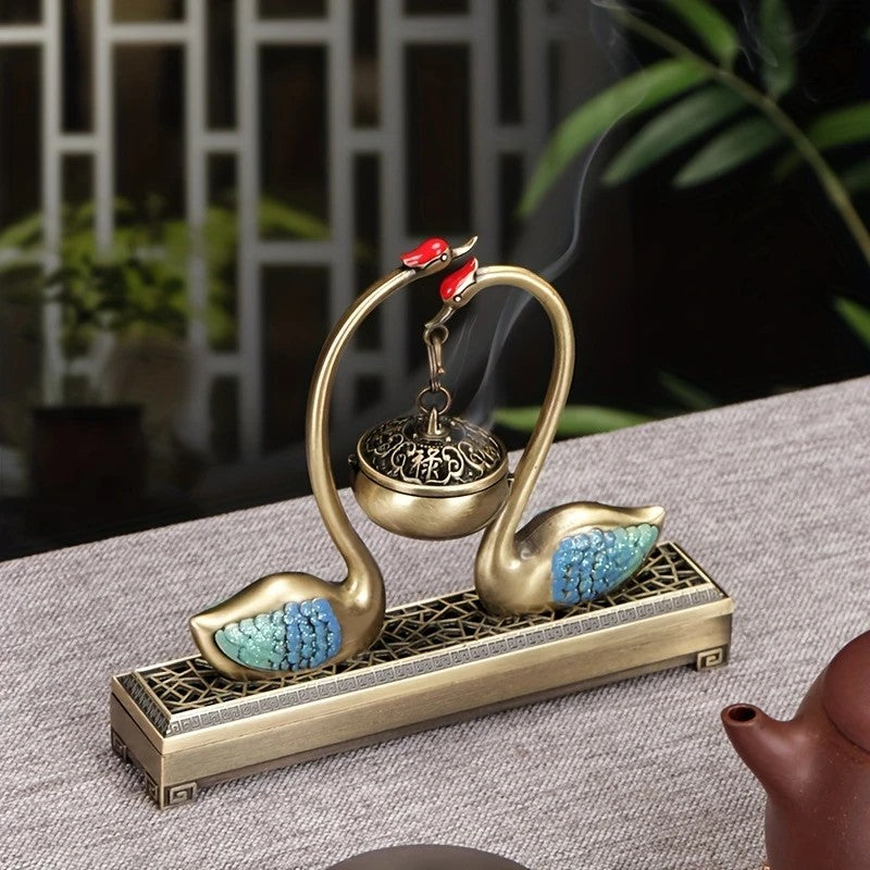 Swan Lake Double‑Layer Incense Burner Deep Blue Gold Swan Dual‑Purpose Hanging and Stick Holder