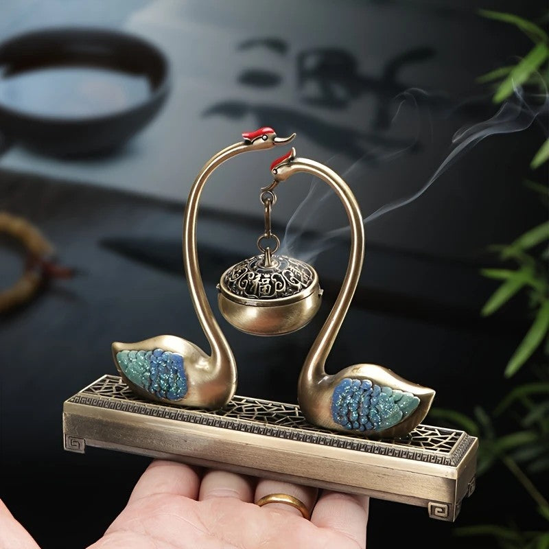 Swan Lake Double‑Layer Incense Burner Deep Blue Gold Swan Dual‑Purpose Hanging and Stick Holder