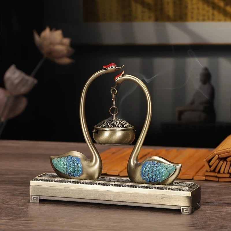 Swan Lake Double‑Layer Incense Burner Deep Blue Gold Swan Dual‑Purpose Hanging and Stick Holder