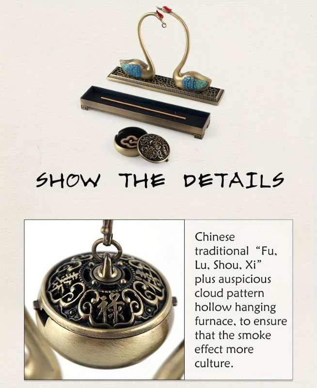 Swan Lake Double‑Layer Incense Burner Deep Blue Gold Swan Dual‑Purpose Hanging and Stick Holder