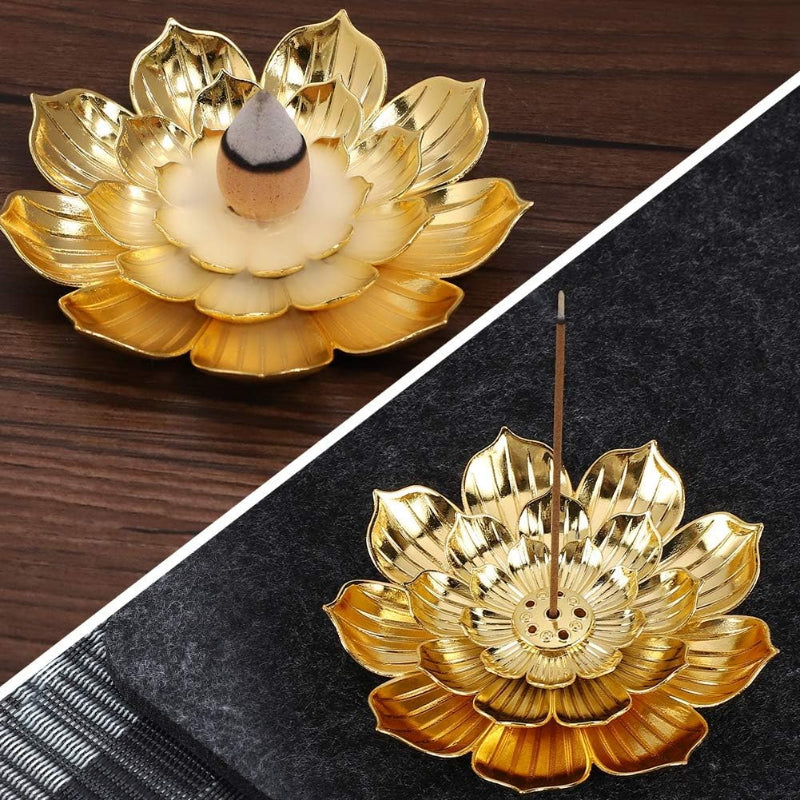 Lotus Incense Burner Gold Zinc Alloy for Stick Cone Coil Aromatherapy