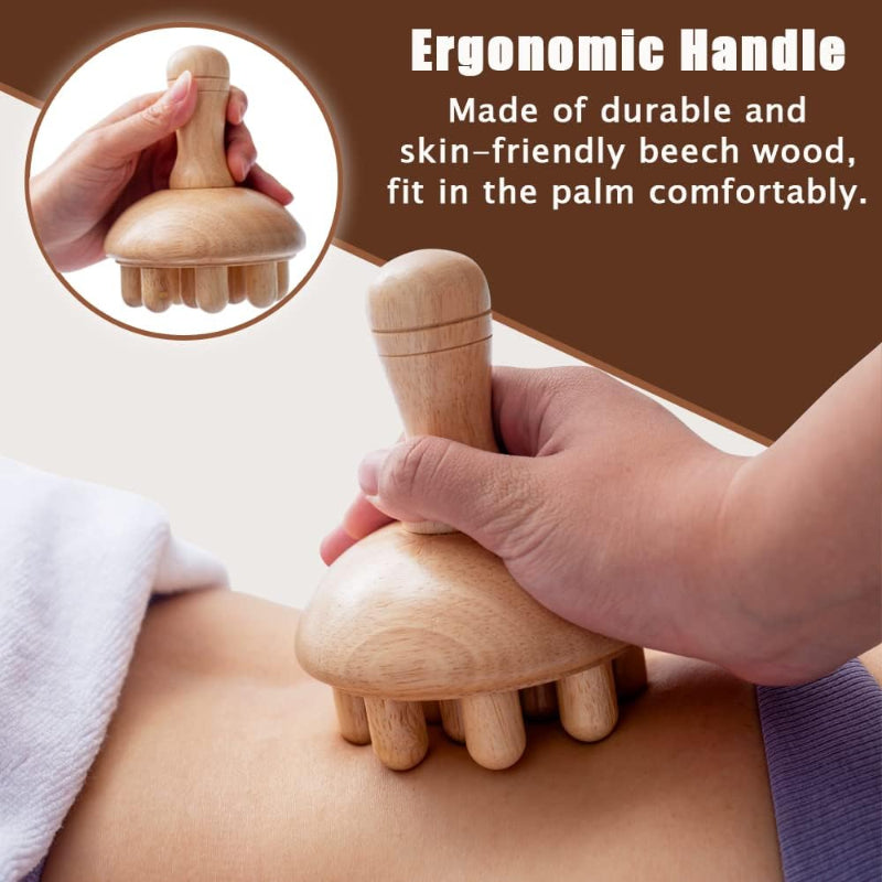 Wooden massage tool with ergonomic handle being used on a person's back, against a brown background.