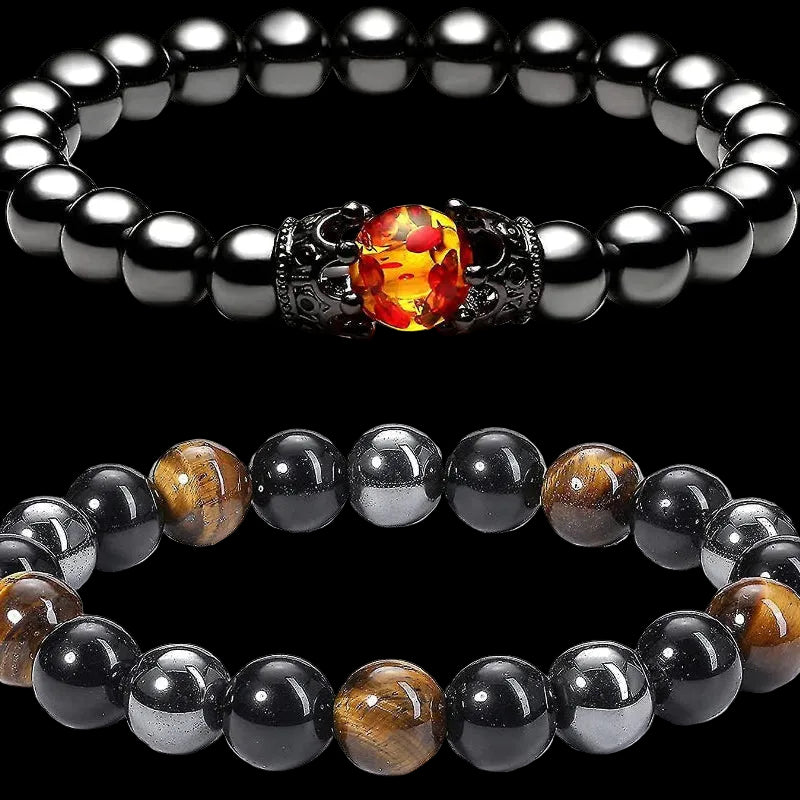 Triple Protection Gemstone Bracelet 10mm Tiger Eye Hematite Black Obsidian Elastic