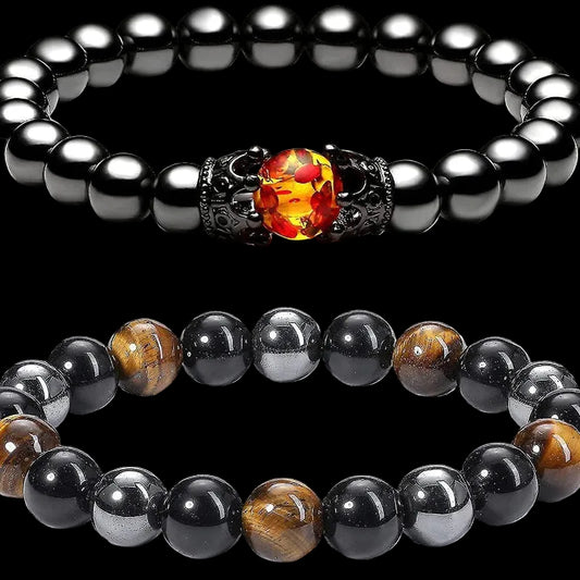 Triple Protection Gemstone Bracelet 10mm Tiger Eye Hematite Black Obsidian Elastic