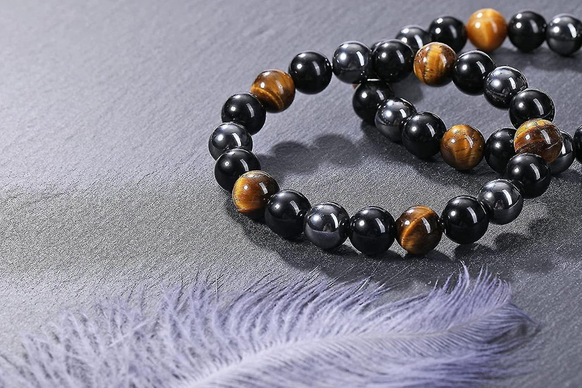 Triple Protection Gemstone Bracelet 10mm Tiger Eye Hematite Black Obsidian Elastic