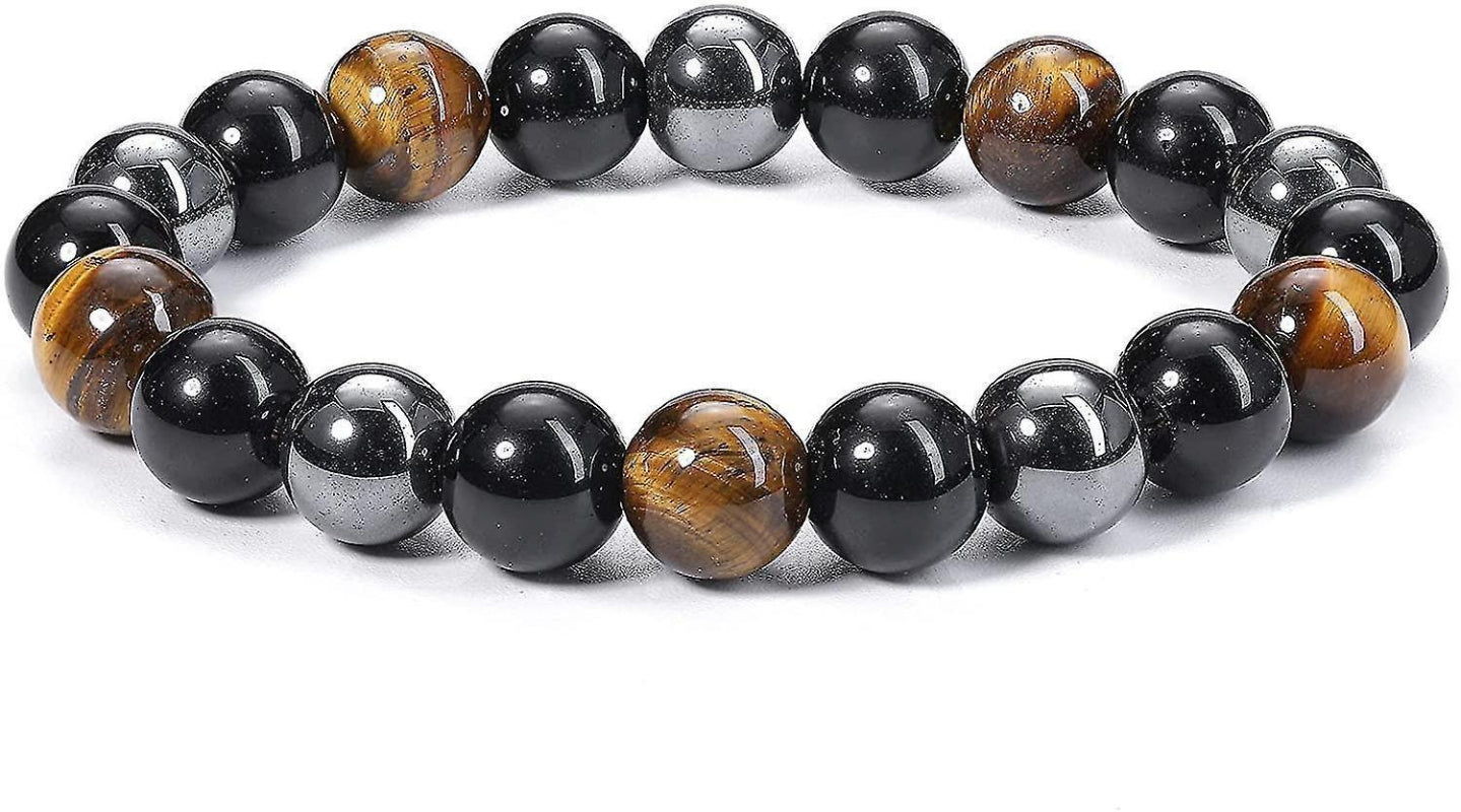 Triple Protection Gemstone Bracelet 10mm Tiger Eye Hematite Black Obsidian Elastic