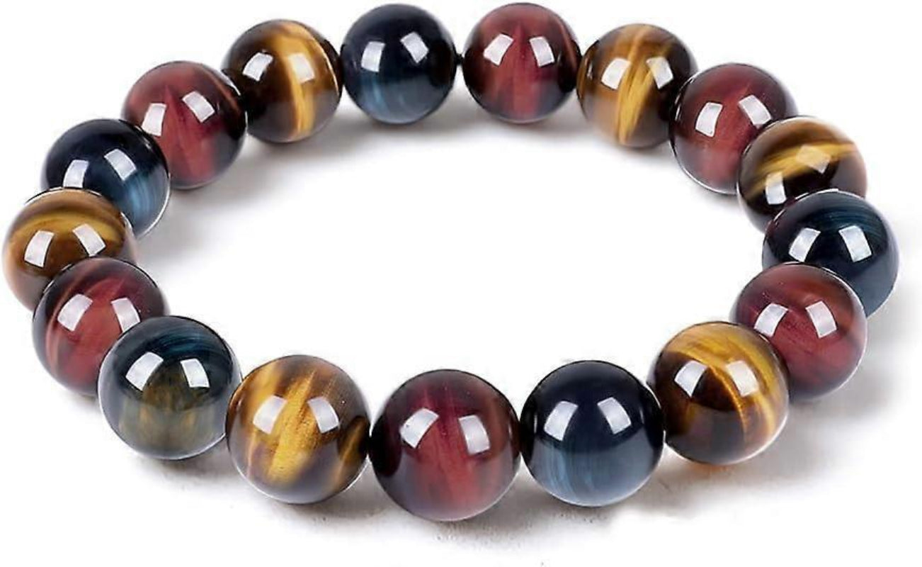 Triple Protection Tiger Eye Bracelet 10mm Red Yellow Blue Beads Elastic Unisex