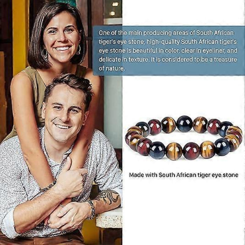 Triple Protection Tiger Eye Bracelet 10mm Red Yellow Blue Beads Elastic Unisex