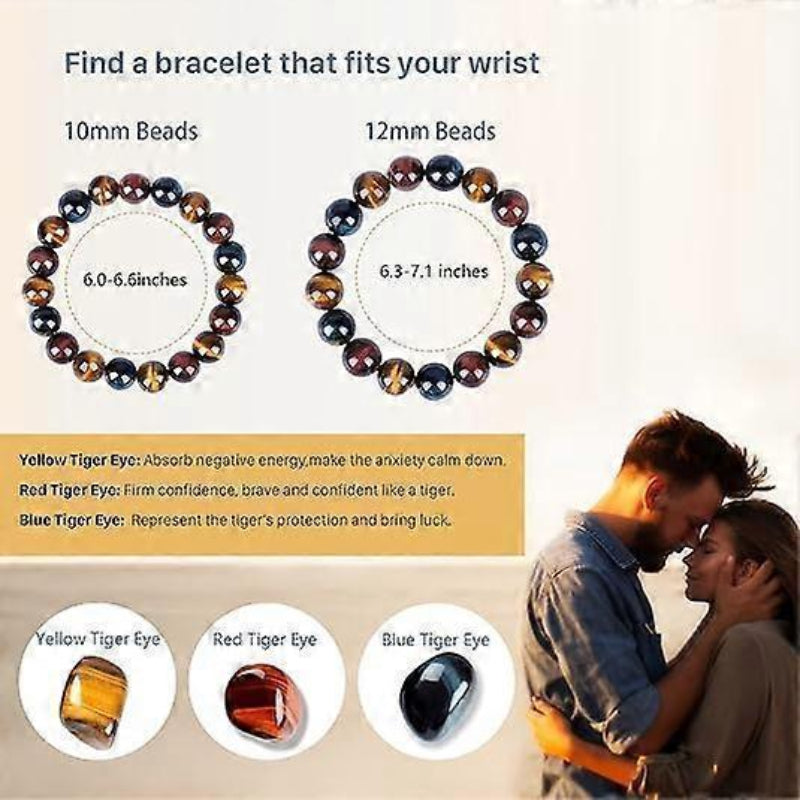 Triple Protection Tiger Eye Bracelet 10mm Red Yellow Blue Beads Elastic Unisex