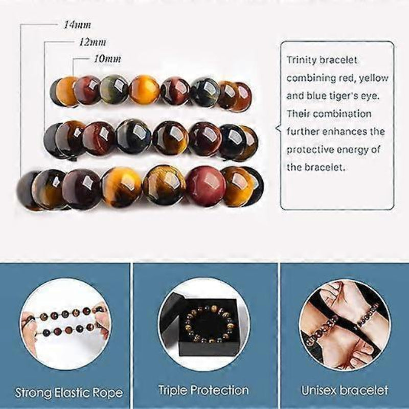 Triple Protection Tiger Eye Bracelet 10mm Red Yellow Blue Beads Elastic Unisex