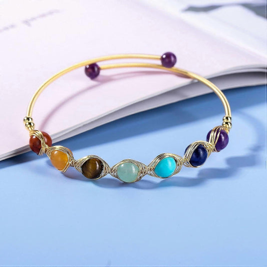 Healing Crystal Yoga Meditation Bracelet 7 Chakra 14K Gold Plated Wire Wrapped Bead Cuff
