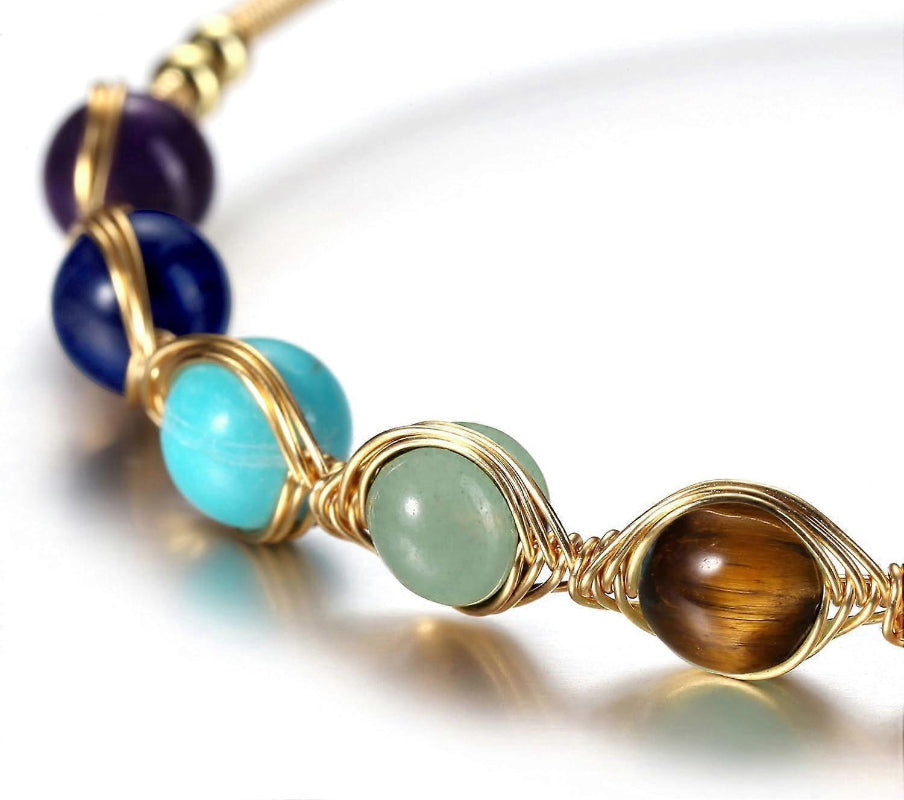 Healing Crystal Yoga Meditation Bracelet 7 Chakra 14K Gold Plated Wire Wrapped Bead Cuff