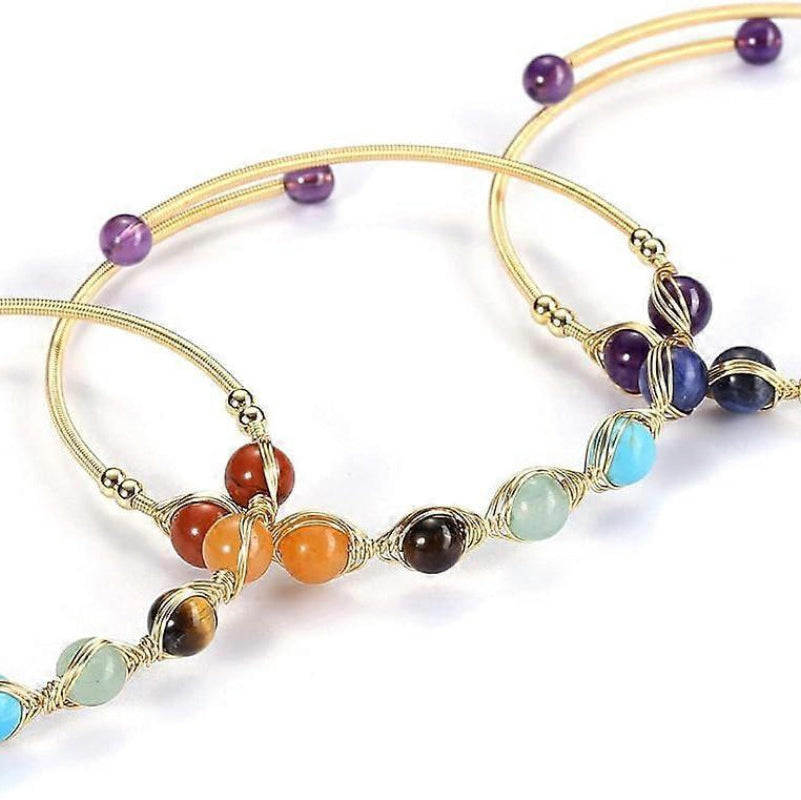 Healing Crystal Yoga Meditation Bracelet 7 Chakra 14K Gold Plated Wire Wrapped Bead Cuff