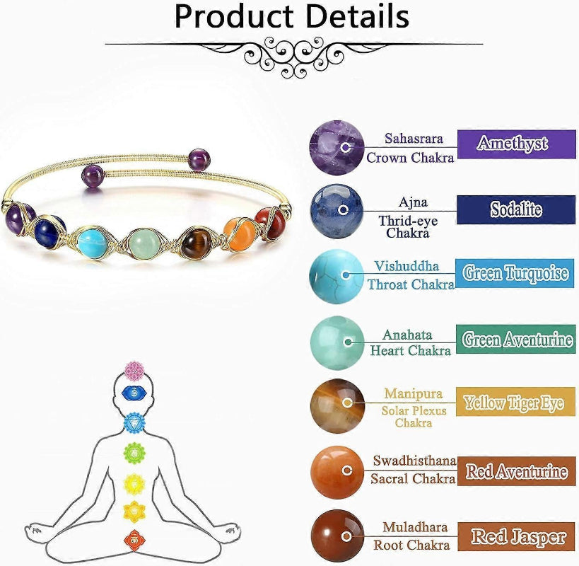 Healing Crystal Yoga Meditation Bracelet 7 Chakra 14K Gold Plated Wire Wrapped Bead Cuff