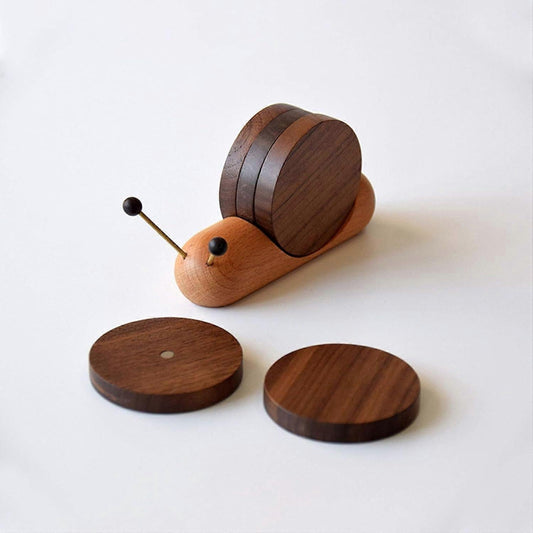 Round Wooden Coaster Set Black Walnut Funny Snail Shape Drink Coasters Holder