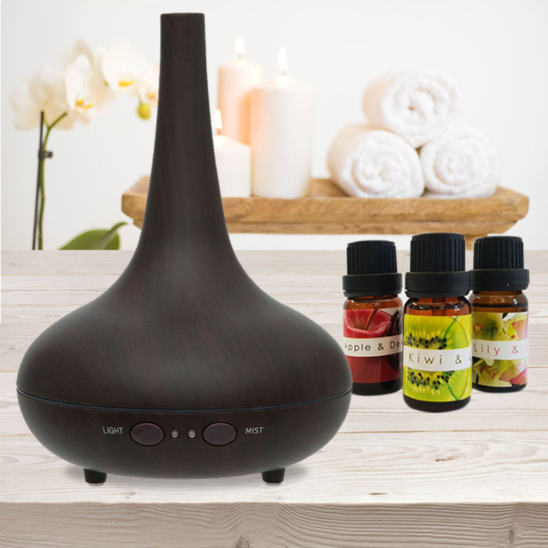 Aromatherapy Diffuser 200ml – Ultrasonic Cool Mist Humidifier, LED Mood Light, Dark Wood + 3 Essential Oils