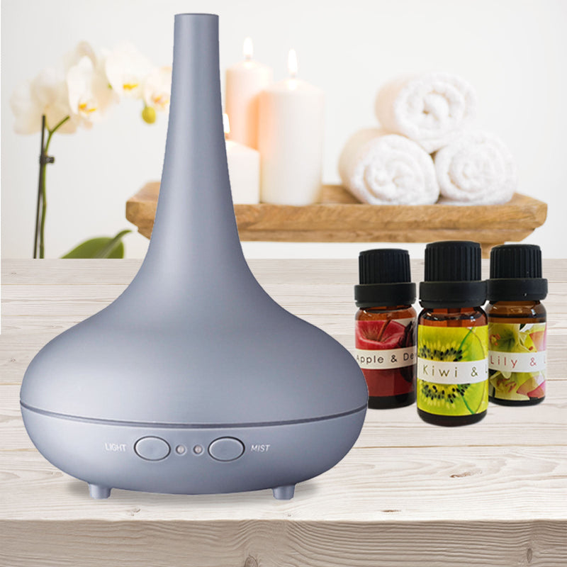 Ultrasonic Diffuser 200ml – Essential Oil Humidifier with 12‑Colour LED Light, Dark Wood Grain, 3 Oils Included - Matte Grey