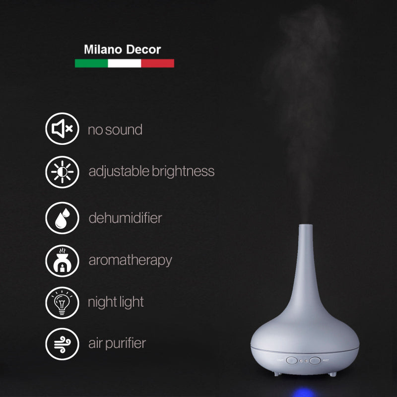 Ultrasonic Diffuser 200ml – Essential Oil Humidifier with 12‑Colour LED Light, Dark Wood Grain, 3 Oils Included - Matte Grey