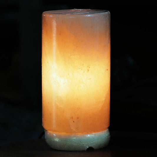 Carved Cylinder Pink Salt Lamp 10x10x15cm Wooden Base 12V 12W E14 Bulb Included