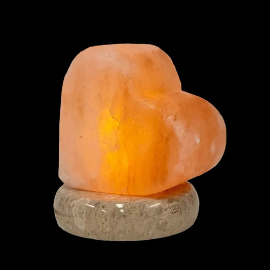 Heart Carved Pink Salt Lamp USB Powered with Warm LED and 7cm Marble Base