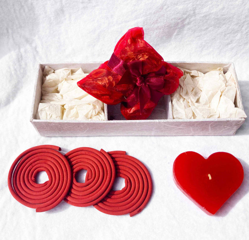 Red Heart Candle Spa Giftset with Heart Candle Incense Coils and Pot Pourri Sachet