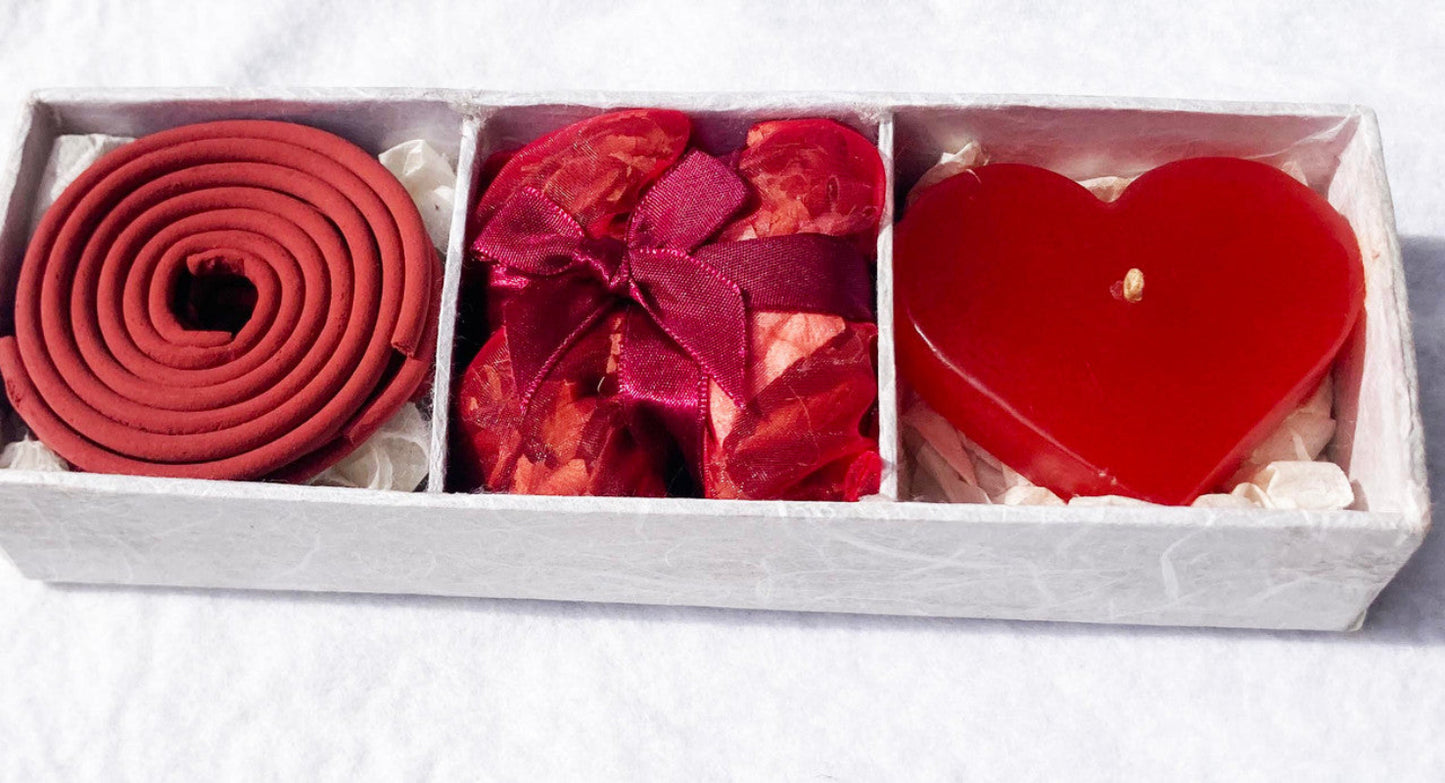 Red Heart Candle Spa Giftset with Heart Candle Incense Coils and Pot Pourri Sachet