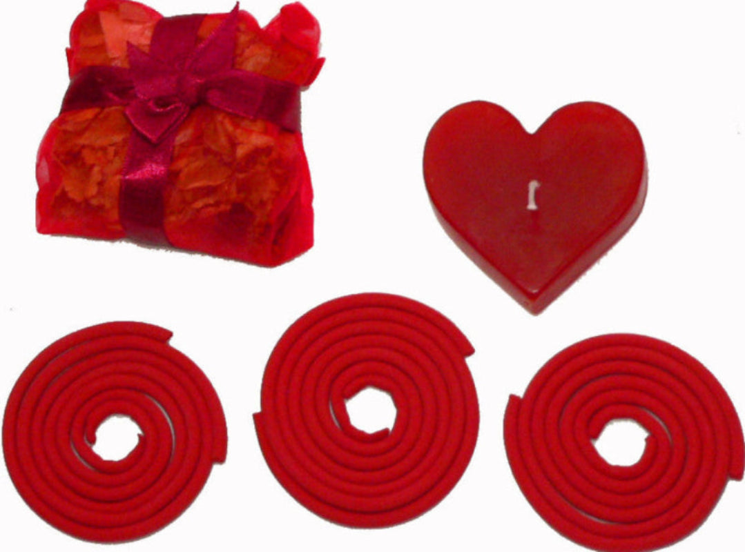 Red Heart Candle Spa Giftset with Heart Candle Incense Coils and Pot Pourri Sachet