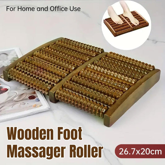 Wooden foot massager roller with inset showing use, on a white surface.