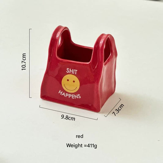 “Shit Happens” Ceramic Desk Organizer – Red Hand‑Shaped Pen & Makeup Brush Holder