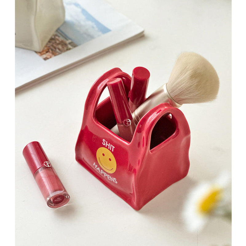 “Shit Happens” Ceramic Desk Organizer – Red Hand‑Shaped Pen & Makeup Brush Holder
