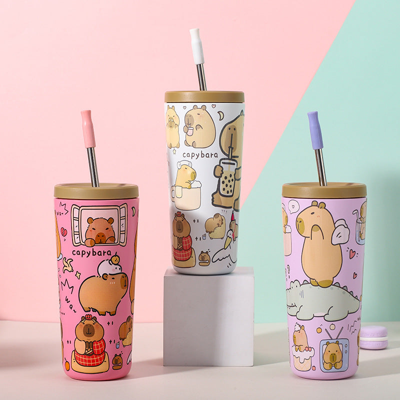 304 Stainless Steel Insulated Tumbler,Cartoon Design Portable Straw Cup for Home and Office(Pink)