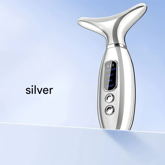 Multi Functional Neck and Face Beauty Massager Constant Heat Ion Infusion Sonic Vibration Silver