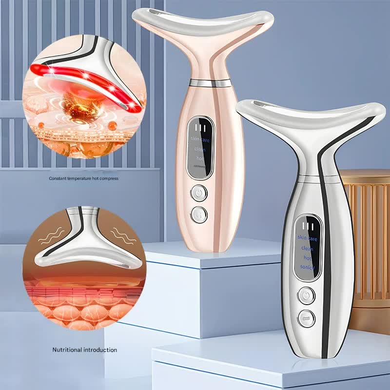 Multi Functional Neck and Face Beauty Massager Constant Heat Ion Infusion Sonic Vibration Silver