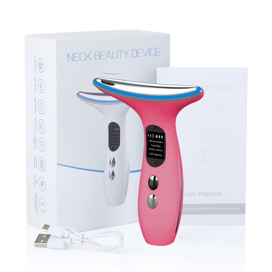 Multi Function Neck and Face Beauty Device Pink 4 in 1 LED Light Therapy EMS Lifting Anti Wrinkle Massager